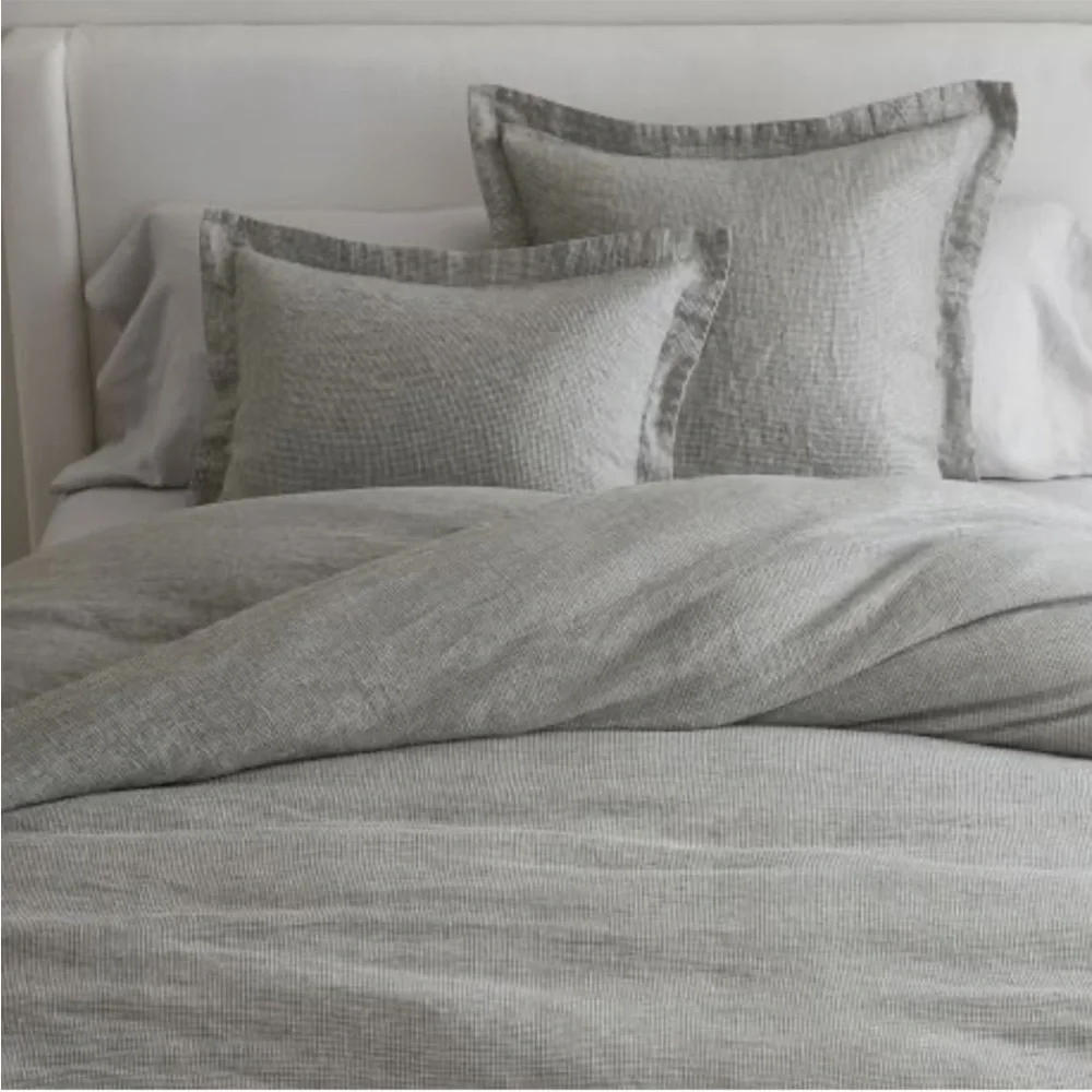 New Set 2 Pottery Barn Belgian Flax Linen Waffle Weave Standard Sham Covers Grey